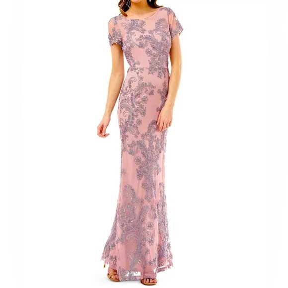 JS Collections Pink and Silver Embroidered Floral Lace Short Sleeve A-line Gown - Picture 5 of 12